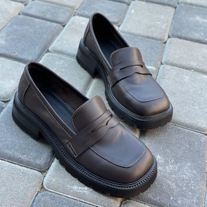 Women's Leather Loafers with Wide Toe Box, Square Toe Minimalist Slip Ons, Stylish Chunky Sole Flats, Comfortable Everyday Footwear Handmade