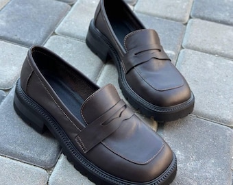 Women's Leather Loafers with Wide Toe Box, Square Toe Minimalist Slip Ons, Stylish Chunky Sole Flats, Comfortable Everyday Footwear Handmade