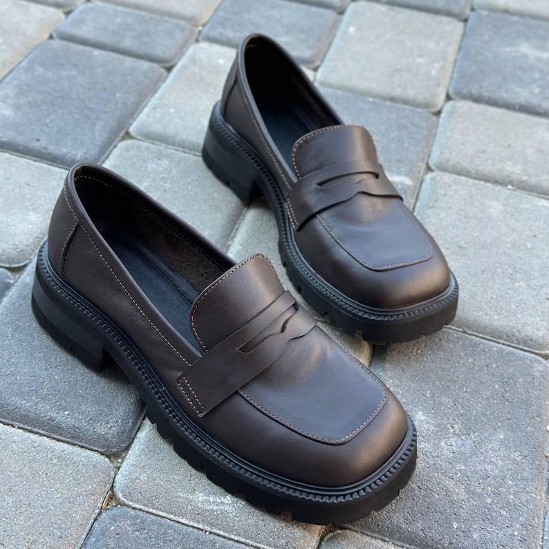 Women's Leather Loafers with Wide Toe Box, Square Toe Minimalist Slip Ons, Stylish Chunky Sole Flats, Comfortable Everyday Footwear Handmade Dark Brown
