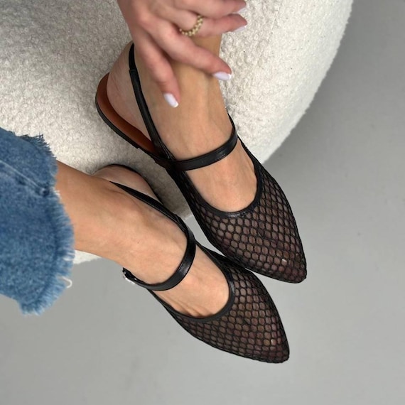 Black Mesh Slingback Shoes, Perforated Leather Flats, Lightweight Women’s Summer Sandals, Breathable Casual Shoes, Trendy Transparent Flats