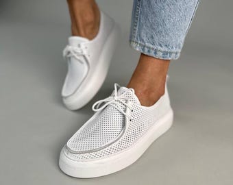 Women's Leather Moccasins with Perforation, Lace-Up Loafers, Soft Flat Shoes, Breathable Casual Walking Footwear, Handmade Summer Shoes