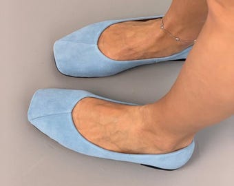 Soft Natural Suede Ballet Flats, Women's Elegant Square Toe Slip-Ons, Genuine Leather Lined Everyday Shoes, Comfortable Handmade Suede Shoes