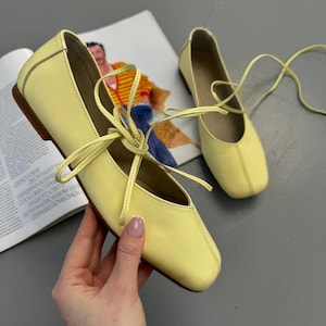 Natural Leather Ballet Flats, Women's Square Toe Ballerina Shoes, Minimalist Lace Up Soft Flats, Comfortable Daily Footwear, Handmade Shoes Leather Butter Yellow