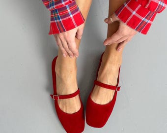 Red Suede Mary Jane Flats, Square Toe Ballet Shoes, Adjustable Strap Dress Shoes, Trendy Balletcore Flats, Zero Drop Ballerinas
