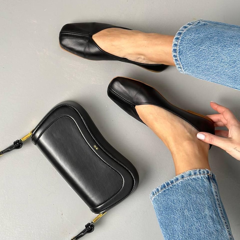 Sapatilhas de couro com bico quadrado, sapatilhas femininas sem fecho, sapatilhas minimalistas confortáveis, calçado elegante para o dia a dia. imagem 15