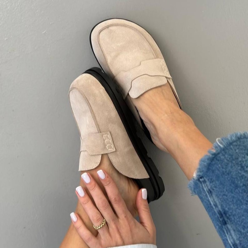 Suede Backless Loafers for Women, Wide Toe Summer Mules with Platform, Comfortable Anatomical Clogs, Slip On Casual Shoes, Handmade Shoes Sand