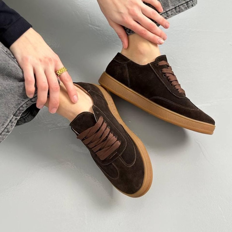 Women's Suede Sneakers with Laces, Casual Sneakers, Comfortable Shoes, Stylish Everyday Sneakers, Trendy Suede Lace-Up Sneakers, Sport Shoes Chocolate