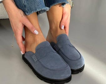 Wildleder rückenfreie Müßiggänger für Frauen, breite Zehen Sommer Pantoletten mit Plattform, bequeme anatomische Clogs, Slip-on Freizeitschuhe, handgefertigte Schuhe