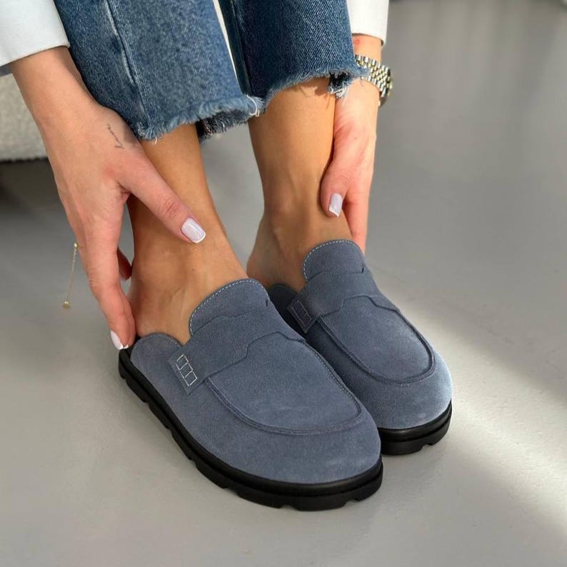Suede Backless Loafers for Women, Wide Toe Summer Mules with Platform, Comfortable Anatomical Clogs, Slip On Casual Shoes, Handmade Shoes Blue