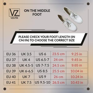 May include: White boat shoes with laces are displayed on a light background. The image includes a size chart with EU, UK, and US sizes, along with corresponding measurements in centimeters and inches. The text reads: "PLEASE CHECK YOUR FOOT LENGTH (IN CM/IN) TO CHOOSE THE CORRECT SIZE."
