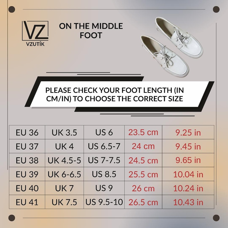 May include: White boat shoes with laces are displayed on a light background. The image includes a size chart with EU, UK, and US sizes, along with corresponding measurements in centimeters and inches. The text reads: "PLEASE CHECK YOUR FOOT LENGTH (IN CM/IN) TO CHOOSE THE CORRECT SIZE."