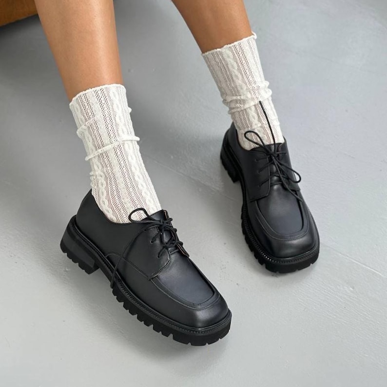 Black Chunky Leather Loafers for Women, Square Toe Lace-Up Platform Shoes, Wide Fit Lug Sole, Block Heel Derby Style Work Shoes image 8