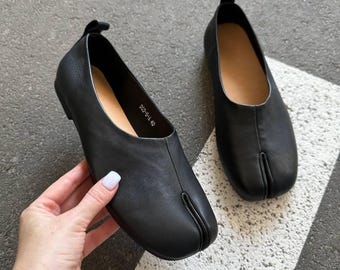 Genuine Leather Tabi Flats, Split Toe Ballet Shoes