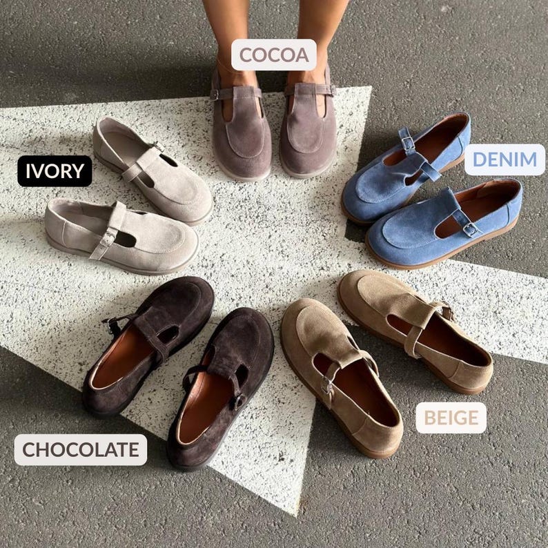 A collection of various types of shoes, including beige, brown, and blue, arranged in a circular pattern on a white surface.