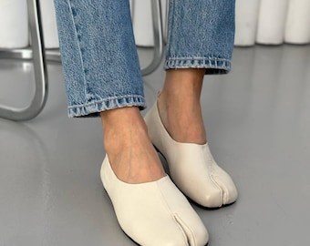 Zapatos Tabi de Leche, Zapatos Planos con Puntera Abierta, Zapatos Tabi de Cuero para Mujer, Zapatos Descalzos, Zapatos Mediados, Zapatos de Estilo Vintage