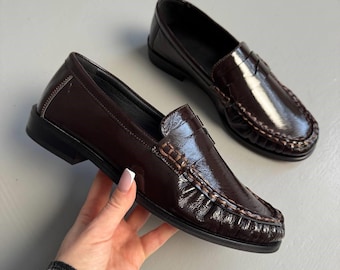 Women Penny Loafers, Patent Leather Slip On Shoes, Classic Preppy Style Moccasins, Casual Flat Footwear, Everyday Office Walking Shoes