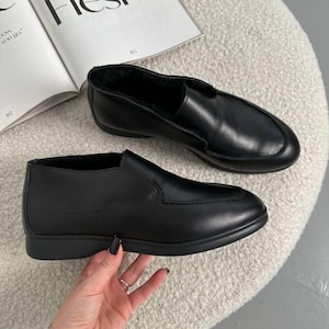 Suede Slip On Boots, Natural Sheepskin Fur Lined, Warm Winter Ankle Shoes, Minimalist High Top Loafers, Moccasin Boots, Quiet Luxury Style image 13