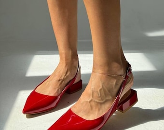 Trendy Red Slingback Heels, Pointed Toe Leather Shoes, Low Block Heel Sandals, Stylish Minimalist Shoes, Chic Summer Footwear, Handmade