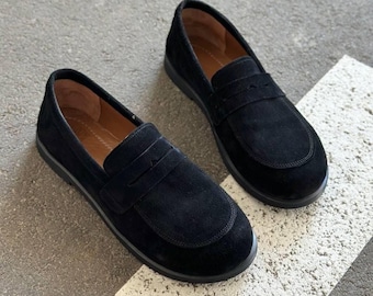 Mocasines de piel natural, zapatos sin cordones con punta redonda para mujer, zapatos planos casuales de suela blanda, mocasines de ante cómodos, calzado artesanal.