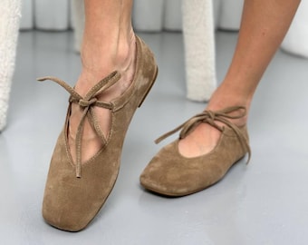 Suede Mary Jane Ballet Flats with Ties, Square Toe, Soft Sole, Barefoot Shoes, Comfortable Flat Shoes, Elegant Slip-On Flats for Everyday