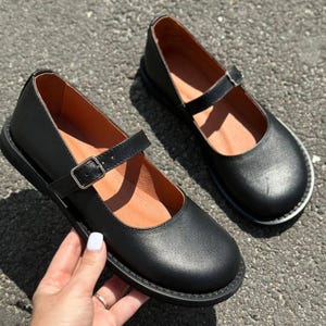 Anatomical Round Toe Mary Jane, Black Leather Ballet Flats, Comfortable Barefoot Shoes with Strap image 11