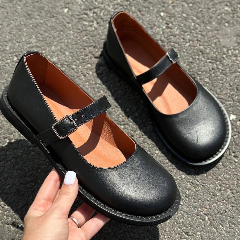 Anatomical Round Toe Mary Jane, Black Leather Ballet Flats, Comfortable Barefoot Shoes with Strap image 11