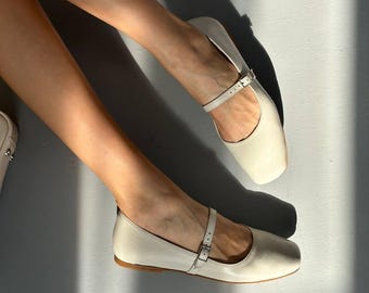 Barefoot Style Leather Mary Janes, Square Toe Ballet Flats, Wide Toe Box Minimalist Shoes, Soft Flexible Sole Flats Handmade Zero Drop Shoes