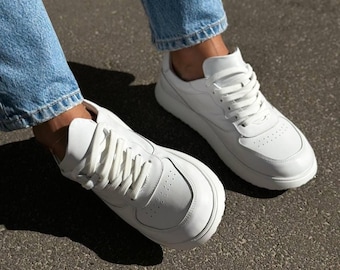 White Wide Fit Leather Lace-Up Sneakers, Comfortable Flexible Sole Trainers, Women's Casual Shoes for City Walks & Travel, Handmade Shoes