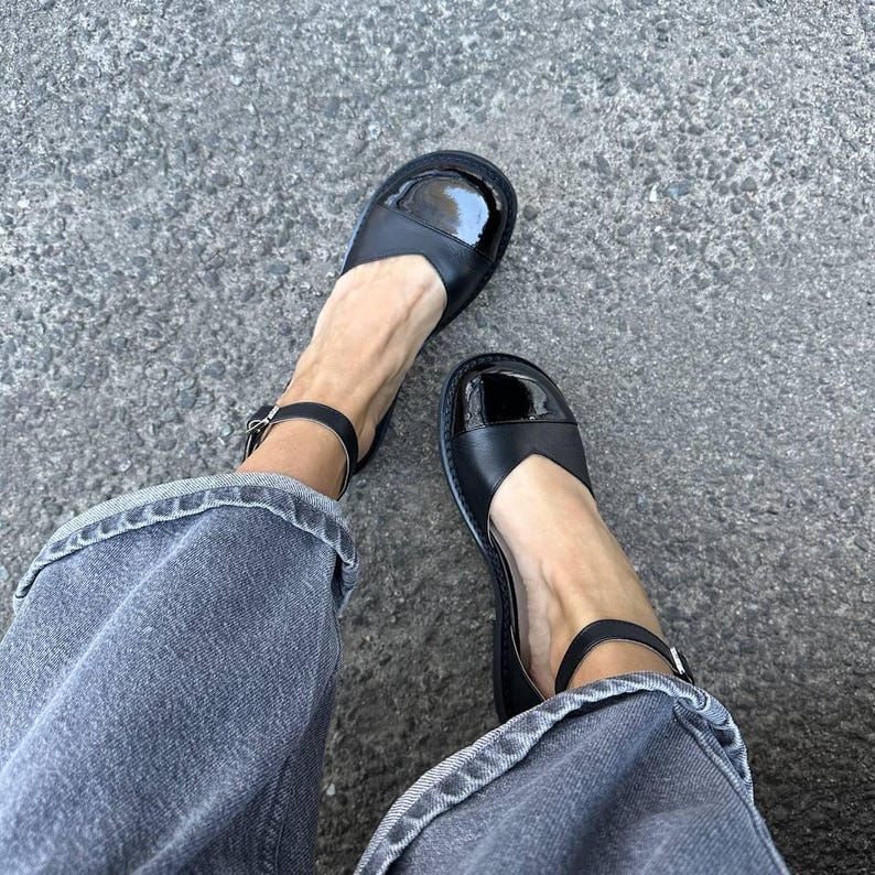Anatomical Black Leather Mary Janes, Wide Toe Box Ballet Flats, Comfortable Ankle Strap Shoes, Minimalist Footwear, Handmade Leather Flats image 1