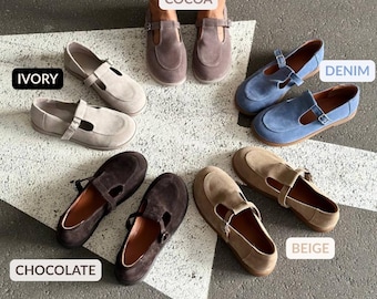 Wide Round Toe Mary Jane Flats, Anatomical Suede T-Strap Shoes, Soft Sole Barefoot Shoes, Comfortable Footwear, Perfect Gift for Her