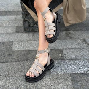 Fisherman Sandals for Women, Leather Gladiator Style with Wide Straps and Ankle Buckle, Modern Flat Summer Shoes