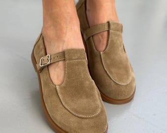 Suede T-Strap Mary Jane Shoes, Women's Barefoot Flats, Wide Toe Box Shoes, Soft Sole Shoes, Comfortable Anatomical Footwear, Gift for Her