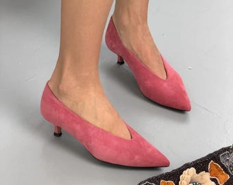 Suede Kitten Heel Pumps, Pointed Toe Low Heel Shoes for Women, V Cut Slip On Court Shoes, Comfortable Evening Party Heels, Minimalist Shoes