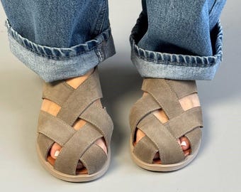 Woven Closed Toe Flats, Anatomical Leather Sandals, Wide Toe Box Summer Shoes, Comfortable Fisherman Flats, Everyday Comfort Footwear
