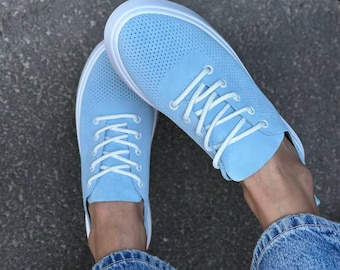 Blue Suede Sneakers for Women, Lightweight Perforated Lace-Up Shoes, Casual Summer Trainers, Breathable Walking Flats, Soft Suede Keds