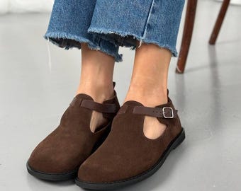 Brown Suede Clogs for Women, Closed Heel Wide Fit Shoes, Anatomical Shape Slip-On, Barefoot Feel Comfort Mules, Soft Flexible Sole