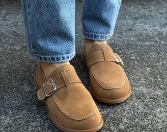 Mocasines anatómicos descalzos, planos con hebilla y puntera ancha para mujer, zapatos minimalistas de ante natural, cómodos y sin cordones, calzado diario.