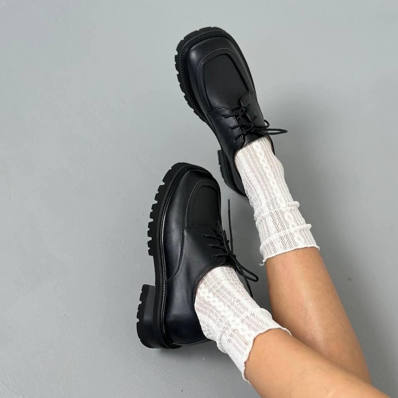 Black Chunky Leather Loafers for Women, Square Toe Lace-Up Platform Shoes, Wide Fit Lug Sole, Block Heel Derby Style Work Shoes image 9