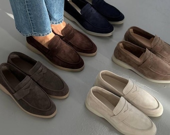 Soft Suede Loafers for Women, Minimalist Slip-On Flats, Comfortable Narrow to Medium Fit Moccasins, Natural Suede Casual Shoes, Handmade