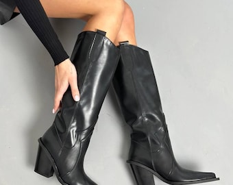 Klassische Vintage Cowboystiefel für Damen, Western Cowgirlstiefel, Naturlederschuhe für lässige und trendige Outfits, zeitloser Stil