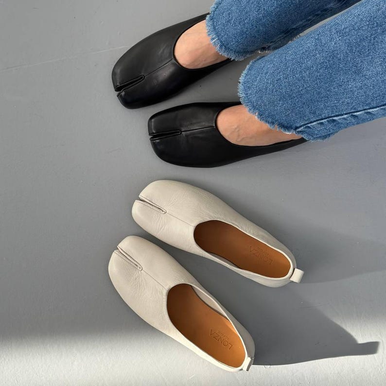 Black leather tabi shoes, white leather tabi ballets