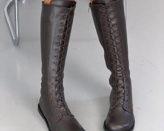 Women Barefoot Knee High Boots, Wide Toe Box Leather Boots, Anatomical Lace Up Riding Boots with Zipper, Warm Fleece Lined Flat Boots