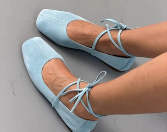 Ankle Tie Ballet Flats, Pastel Blue Suede Shoes, Comfortable Square Toe Flats, Narrow Width Soft Slides, Handcrafted Everyday Footwear