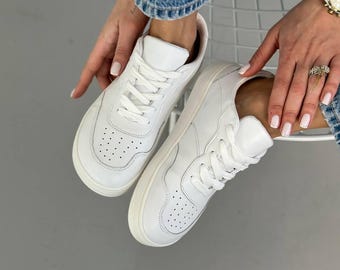 Anatomical White Leather Sneakers with Wide Toe Box, Comfortable Lace-Up Shoes for Walking, Casual, Everyday Wear, Gift for Her