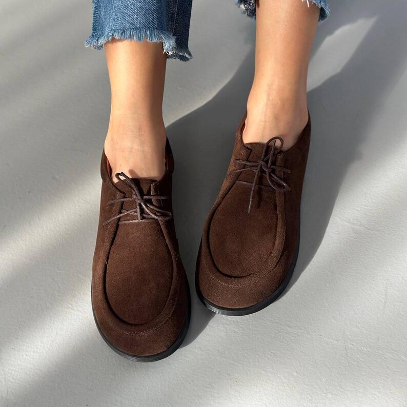 Barefoot Brown Suede Lace-Up Loafers for Women, Round Toe Leather Shoes, Classic Loafers, Comfortable Casual Shoes for Everyday Wear image 9