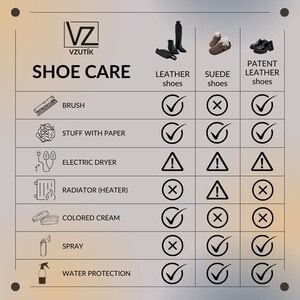 May include: Shoe care guide with the VZUT&Iacute;K logo. The guide shows how to care for leather, suede, and patent leather shoes. It includes illustrations of a brush, paper stuffing, electric dryer, radiator, colored cream, spray, and water protection.