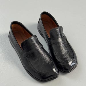 Anatomical Wide Toe Black Penny Loafers for Women, Genuine Leather Slip-On Flats, Classic Comfortable Office Footwear, Barefoot Style Shoes