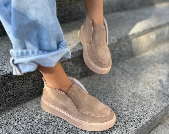 Women’s High Ankle Suede Loafers, Chunky Platform Slip-On Boots, Fleece Lined Warm Winter Booties, Handmade Shoes, Cozy Casual Flat Shoes