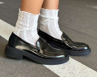 Mocasines negros gruesos, bailarinas de charol, zapatos sin cordones con plataforma, calzado moderno con suela gruesa, zapatos cómodos para caminar para mujer hechos a mano