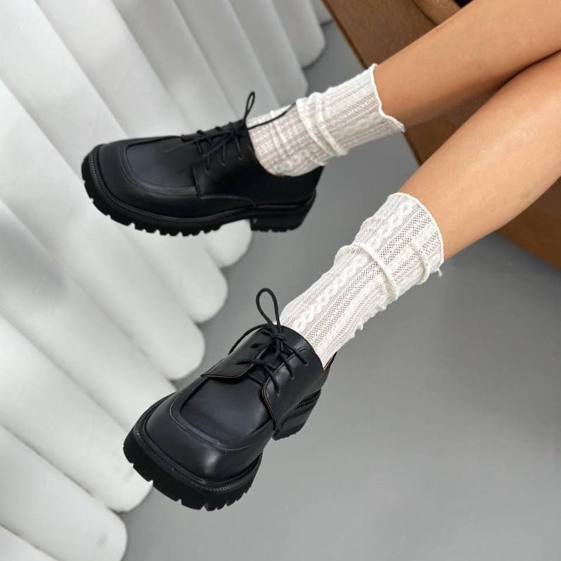 Black Chunky Leather Loafers for Women, Square Toe Lace-Up Platform Shoes, Wide Fit Lug Sole, Block Heel Derby Style Work Shoes image 6
